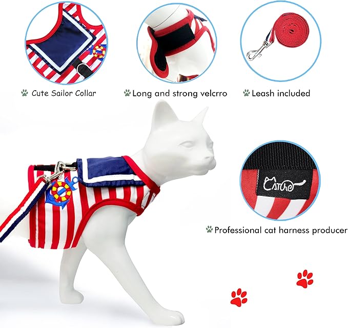 Cat Harness and Leash for Walking Escape Proof, Adjustable Cat Vest Harness, Padded Stylish Cat Walking Jackets, Sailor Suit Red, Large