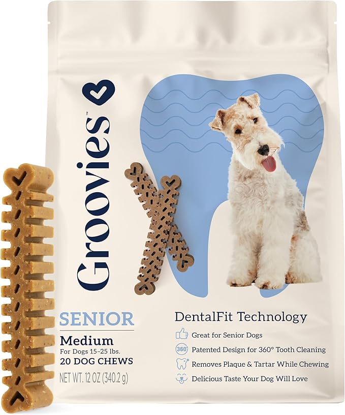 Groovies Senior Medium Dog Dental Chews for Dogs, Patented DentalFit Technology for Plaque & Tartar Support, Flexible Texture for Easy Chewing, Chicken Flavor, USA Manufactured,15–25 lb Dogs, 22 Count