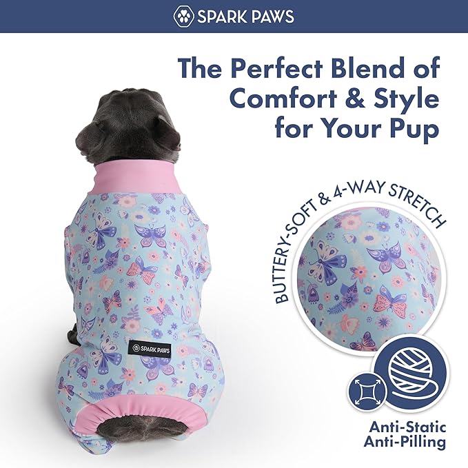 Spark Paws Dog Pajama, Dog Recovery Suit Male, Onesie, Ultra-Soft and 4-Way Stretch, for Small Medium and Large Breed - Butterfly Dreams - L
