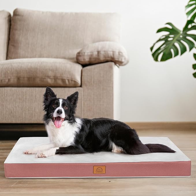 Sunheir Orthopedic Dog Bed for Extra Large Dogs, Waterproof Deluxe Plush Dog Crate Bed with Removable Washable Cover & Anti-Slip Bottom, Egg Crate Foam Pet Bed Mat, 41 x 27 Inches, Pink
