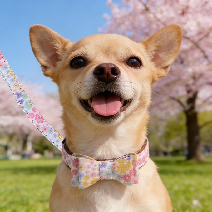 KOOLTAIL Spring Dog Collar and Leash Set with Bowtie and Bells - Cute Fancy Puppy Collar and Leash for Boy or Girl with Flower Pattern, Soft Leather Tangle Free Leashes for Small Dogs,Cats