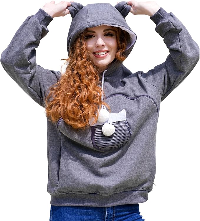 ALYC Unisex Hoodies Pet Holder Cat Dog Large Pouch Carriers Pullover with Cat Printing Sweatshirt (Dark Grey-S)