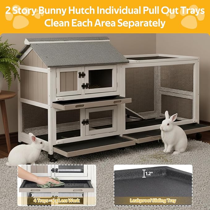 PetsCosset Rabbit Hutch Outdoor Bunny Hutch 2-Story Wooden Indoor Rabbit Cage with Run, 6 Wheels, Waterproof 3 Leak Proof Trays, Ramp, Weatherproof Asphalt Roof for Animals Pets, Expandable Design