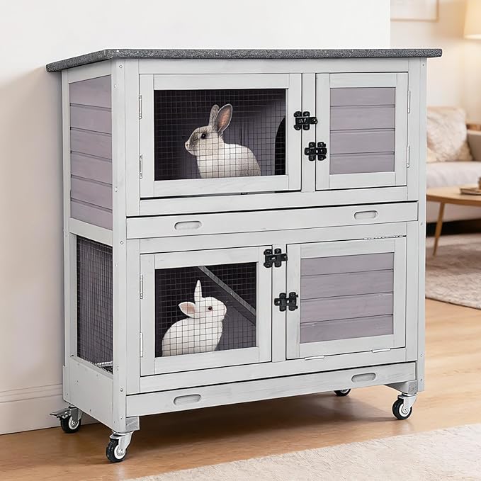 36’’ Wooden Rabbit Hutch Indoor or Outdoor, 2 Story Rabbit Cage with 2 Leak Proof Trays, Mobile Bunny Hutch with Wheels, Anti-Chew Ramp for Guinea Pig (Grey)
