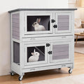 36’’ Wooden Rabbit Hutch Indoor or Outdoor, 2 Story Rabbit Cage with 2 Leak Proof Trays, Mobile Bunny Hutch with Wheels, Anti-Chew Ramp for Guinea Pig (Grey)
