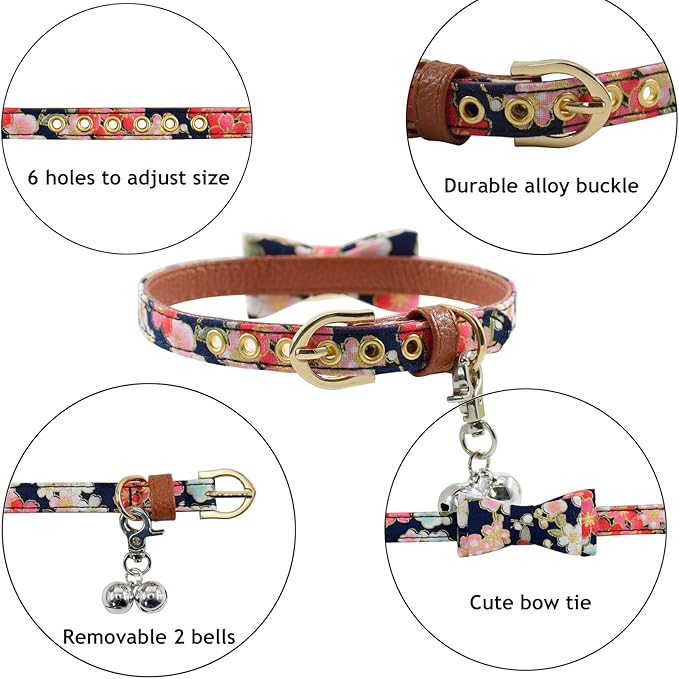 3PCS Bow Tie Dog Collar and Leash Set Plaid/Camo/Dots/Flower Dog Bandanas with Bell 3 Size Adjustable for Small Dogs Puppies and Cats (S, Black Flower)
