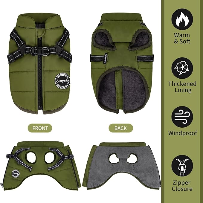 Dog Winter Coat, Warm Dog Jacket Reflective Adjustable Fleece Vest with Harness Built in, Windproof Pet Snow Jacket Snowsuit with Zipper for Small Medium Dogs, Green XS