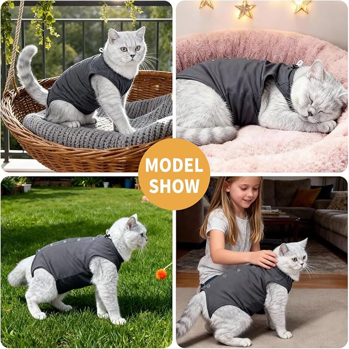 HEYWEAN Cat Recovery Suit Soft Onesie After Surgery for Female Male Cats Breathable Spay Abdominal Wound Protection Cone Alternative (Grey, Large)