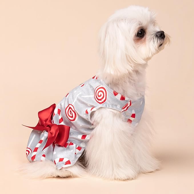 Fitwarm Christmas Candy Canes Dog Dress, Cute Dog Christmas Outfit, Doggy Clothes for Small Dogs Girl, Pet Apparel, Silver, Red, White, XS