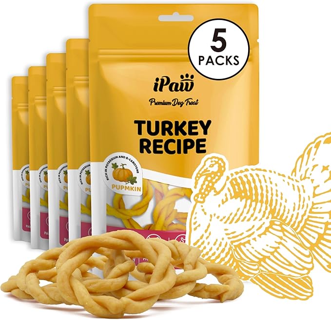 iPaw Turkey Dog Treats, All Natural Human Grade Dog Treat, Suitable for Training chew, Hypoallergenic, Rawhide Alternative, Ring (Pumpkin), 5 Packs