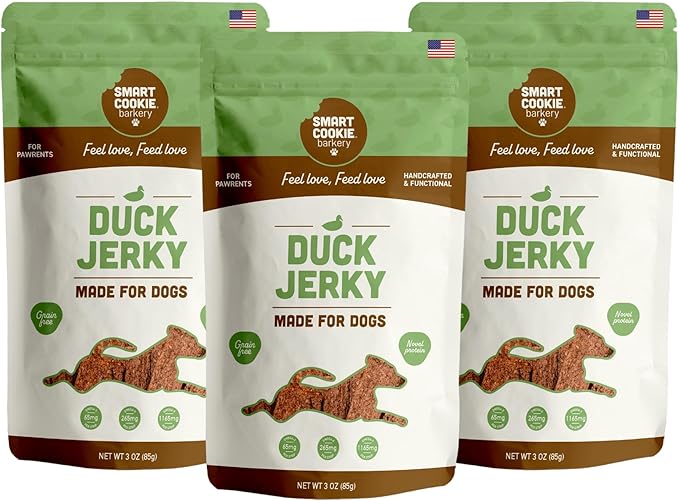 Smart Cookie Duck Jerky Dog Treats with Flax Seed, Omega Oils- Hypoallergenic Strips for Dogs and Puppies with Allergies, Sensitive Stomachs - Dehydrated, Grain Free, Made in USA - 3oz Bag, Pack of 3