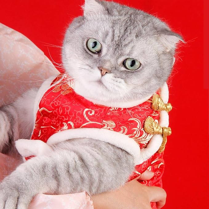 SEIS New Year Cat Knot Buttons Coat Dogs Cheongsam Winter Pet Clothes Vest Christmas Costume for Cats Teddy Bichon Small Medium Dogs (White, S (Chest Circumference 45cm/ 17.7"))