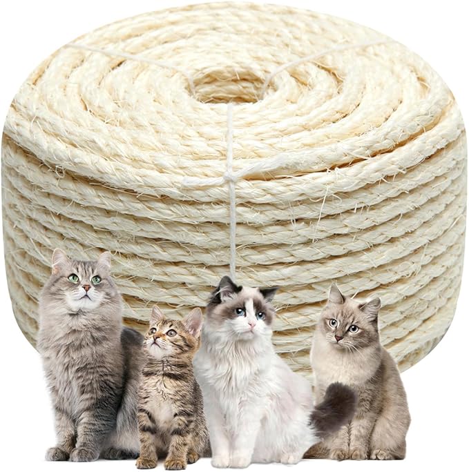 White Sisal Rope 1/4 Inch by 65-Feet for Cat Scratching Post Tree Tower Replacement Repair and Replace, DIY Hemp Twine Rope for Kittens Shelves Furniture Window Bed Perch Kicker Toys, 6mm by 20m