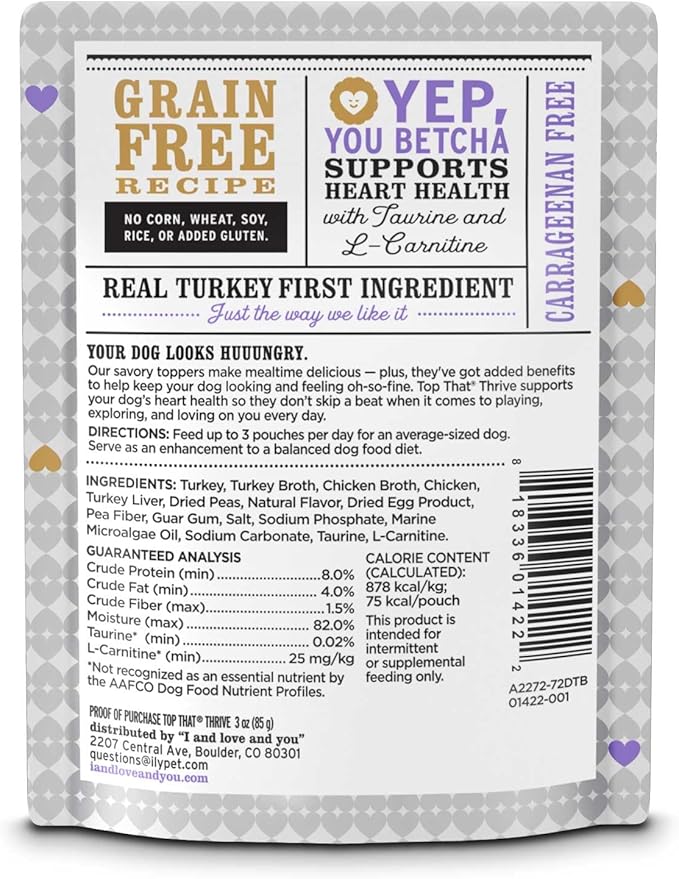 I and Love and You Wet Dog Food Toppers - Top That Thrive Turkey Recipe in Gravy, Filler Free, Meal Enhancer Topper, 3oz 12pk