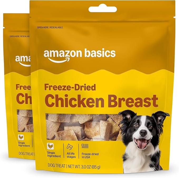 Amazon Basics Dog Treats Freeze Dried Raw Single Ingredient Chicken Breast, High Protein, Healthy Training Treats or Meal Topper for All Dogs, Grain-Free, 3 Oz (Pack of 2) (Previously Wag)