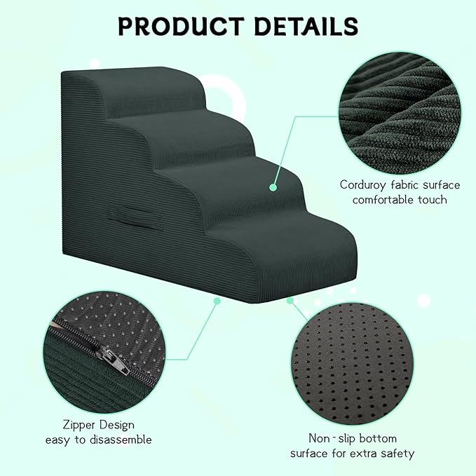 Mesa Lemon Dog Stairs Steps for High Bed, 4 Steps Pet Steps for Small Dogs Non-Slip Removable Washable Cover Ramp for Indoor Outdoor Car Couch Sofa, Dark Gray