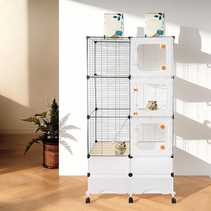 Small Animal Cage, Guinea Pig Cages with Rolling, Durable Front Doors, Chinchilla Cage with Scoop for Rat, Hamster, Guinea Pig, Squirrel (Black, 61in)