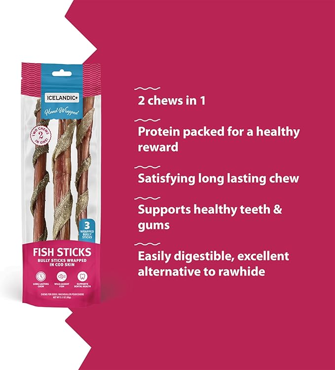 Icelandic+ Fish Sticks - Bully Stick Wrapped in Cod Skin - 3 Pack, 12" - Dog Treats, 2 Ingredient Chews, Hand-Wrapped Wild-Caught Fish, Pet Snacks