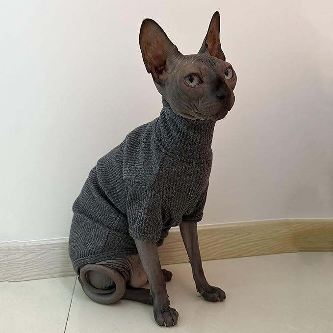 Kitipcoo Shirt Cotton Turtleneck Sweater for Sphynx Cat, Large, Deep Grey
