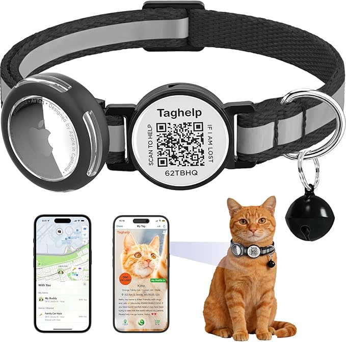 Waterproof Airtag Holder Cat Collar .Lightweight Kitten Collar for Apple Air tag. Solid &Safe,Reflective Pet Collar, Breakaway Smart ID tag, Scan QR Code for Instant Location Alerts (Black A)