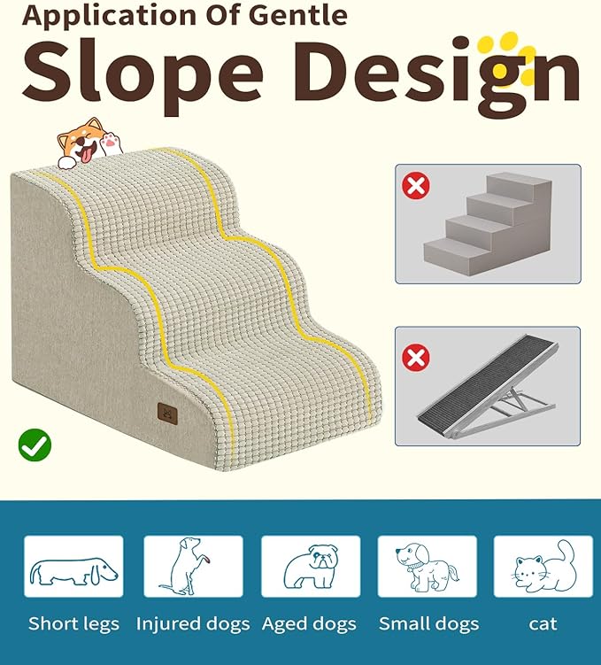 ABCPET Dog Stairs for Small Dogs, 15.7" H Dog Steps for Bed 35D Strong Support Foam Stairs for High Bed or Couch Sofa Non-Slip Balanced Pet Steps Indoor, Beige