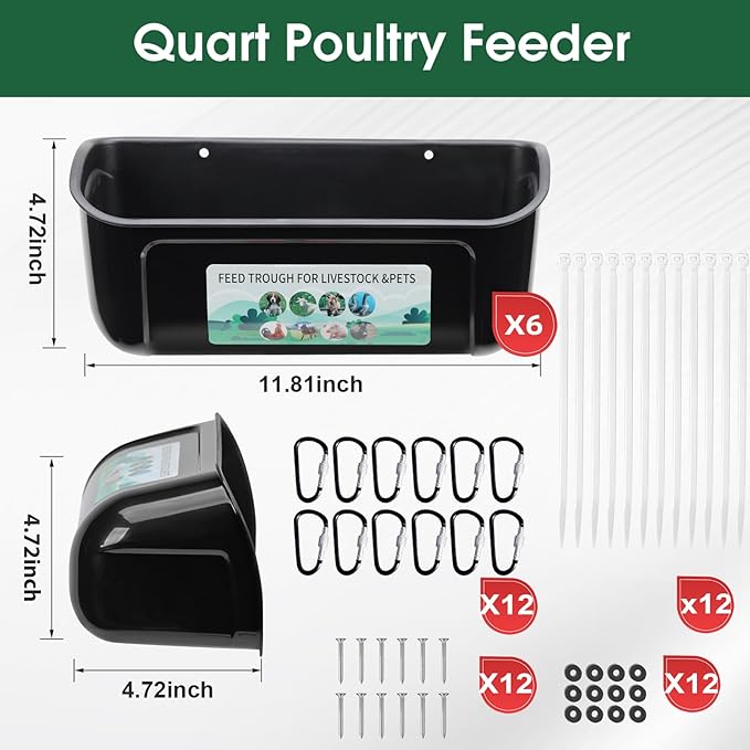 PIREKZUNT 6 Pack Chicken Duck Feeder, Poultry Feeders and Waterers, Hanging Goat Feeder, Livestock Feeding Container, Feed Trough and Waterer Bucket with Clips(Black)