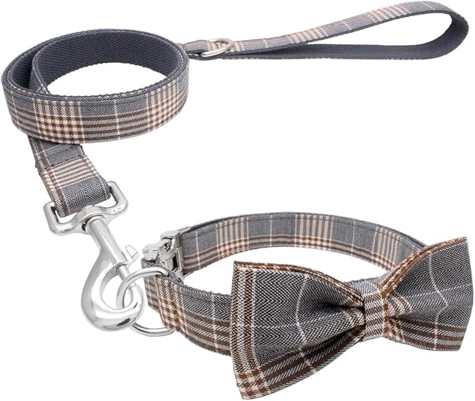 YOY Soft Comfortable Adjustable Pet Collar with Bowtie, Heavy Duty Dog Collar and Leash Set for Small Medium Large Dogs Cats, Puppy Grooming Doggy Accessories, Length 14" - 20"