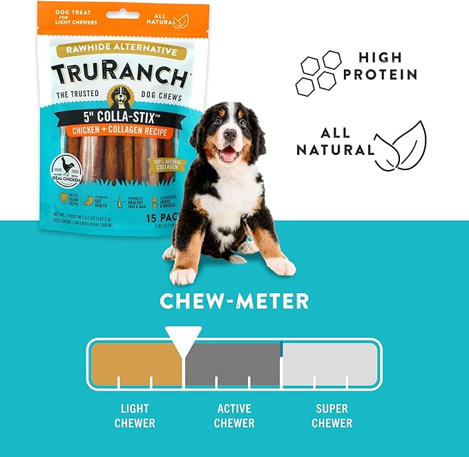 TRURANCH Collagen Sticks - 5" Collagen Sticks for Dogs - Long Lasting Healthy Joint Support - Rawhide Alternative - Skin & Coat Health - Made with Real Chicken, Value Pack, 15 Bags, 225 Count