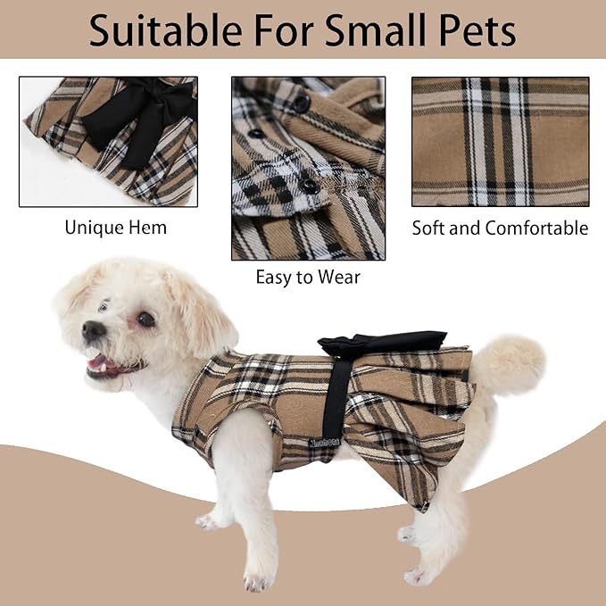 Pet Dresses for Small Dogs Cats Girl, Cute Princess Bowknot Dress Puppy Shirt All Weather Skirt Clothes Cat Apparel for Birthday Wedding Party Holiday (Khaki&Black, X-Small)