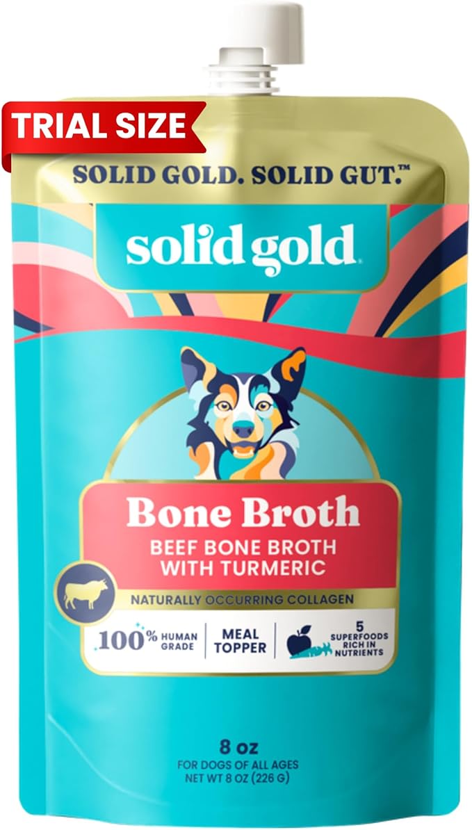 Solid Gold Beef Bone Broth for Dogs - Grain Free Dog Food Topper Rich in Collagen and Superfoods - Nutrient Dense Dog Gravy Topper for Dry Food - Promotes Gut Health and Hydration - Single