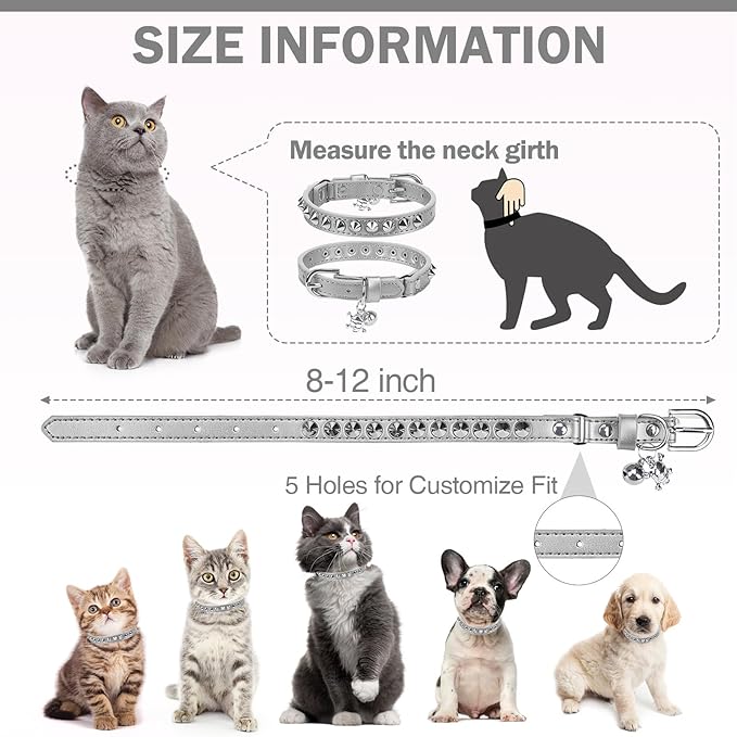 Leather Cat Collars for Boy Girl Cats with Bell and Safety Elastic Belt, Personalized Rivets Stud Adjustable Safe Buckle Collar with Skull Charm for Kitty Small Pets, Halloween Cat Collar