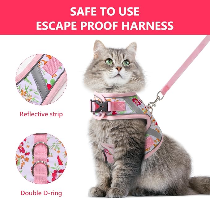 Floral cat Leash and Harness Set. The cat Harness Escape Proof Feature Allows You to Walk You cat, Small Dog or Rabbit Without Worries. This Kitten Harness and Leash is Cute and Trendy