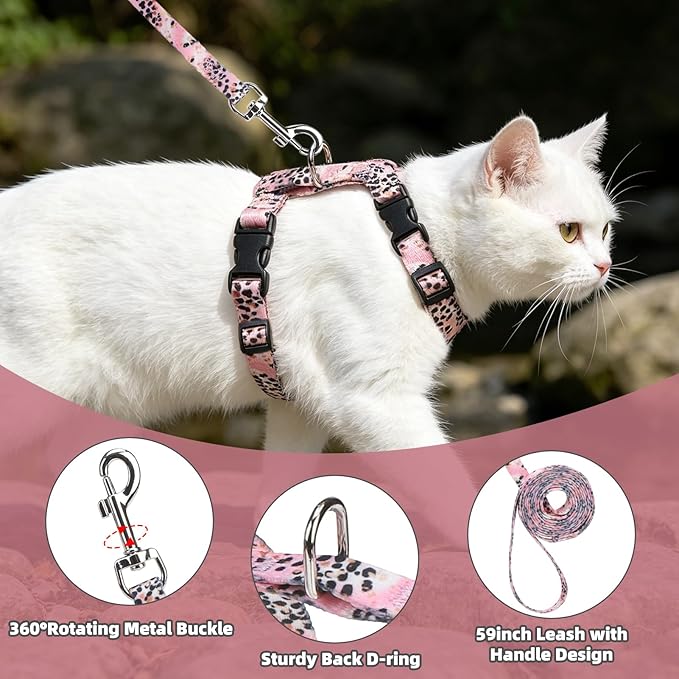 PUPTECK Adjustable Cat Harness and Leash Set Escape Proof Kitten Strap Collar for Walking Travel, Leopard Print