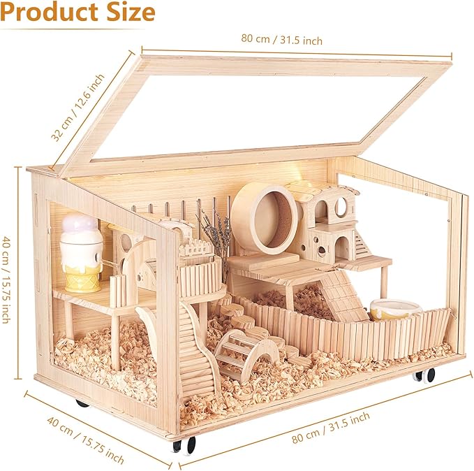 Wooden Hamster Cage, 32"x16" Large Hamster Hideout Openable Top with Acrylic Sheets Built, Suit for Sugar Glider, Gerbil, Big Guinea, No Decoration