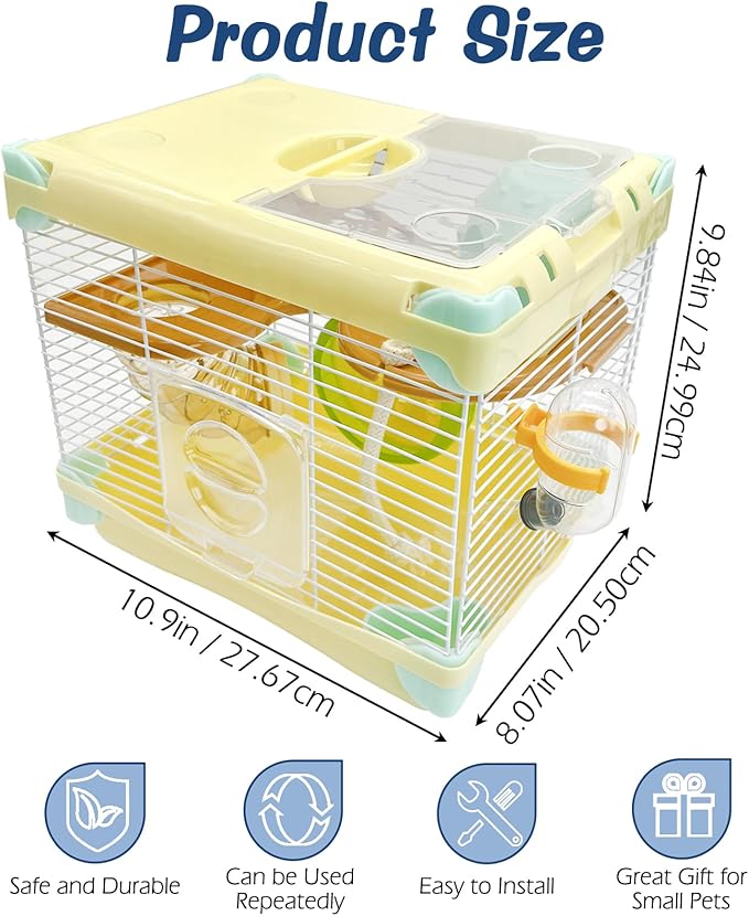 Hamiledyi Portable Hamster Cage 2 Layers Dwarf Hamster Habitat 10.90”L*8.07”W*9.84”H Small Animal Travel Cage with Exercise Wheel Hamster Enclosure Mouse Cage for Hamsters Mice Gerbils Tiny Pets