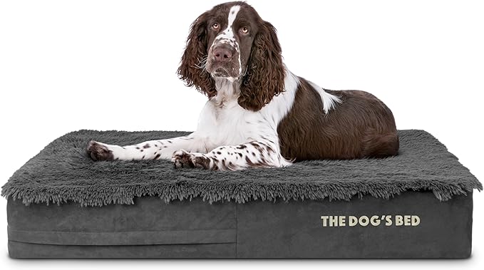 The Dog’s Bed Orthopedic Memory Foam Dog Bed for Large Dogs, Waterproof Washable Cover, Anti-Slip Base, Calming Surface – CertiPUR-Certified Foam, Grey Fur, 6 Inch Thick