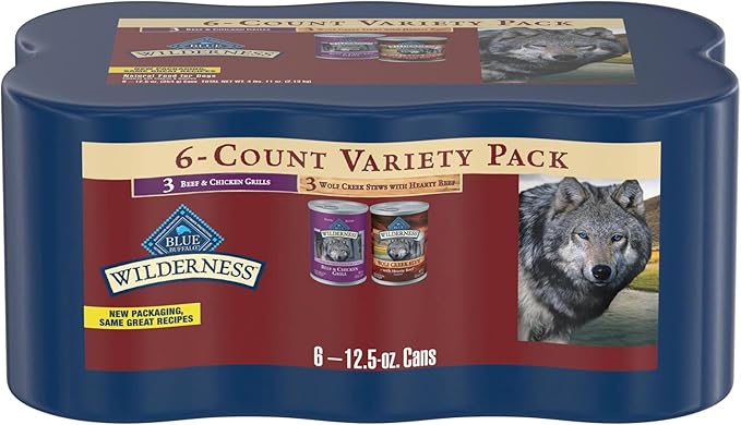 Blue Buffalo Wilderness Beef and Chicken Grill and Wolf Creek Stew Hearty Beef in Gravy Adult Dog Wet Food, 12.5 oz. Cans, 6 Count Variety Pack