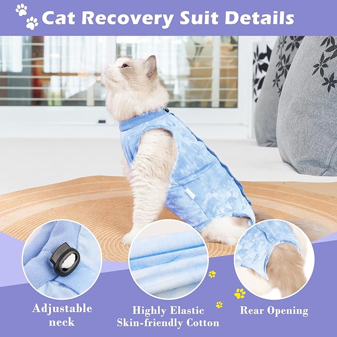 2 Pack Cat Surgery Recovery Suit for Female and Male, Soft Cat Spay Shirts Clothes, Comfortable Kittens Pajamas Onesie, Adjustable Fit to Stop Licking, Blue M
