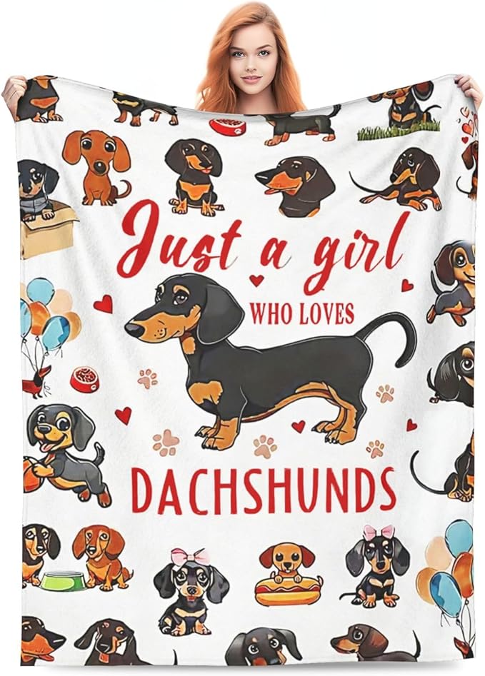 SweetFox Just A Girl Who Loves Dachshunds Blanket, Dachshund Dog Decor Throw Blanket Gifts for Girls Boys Lover Super Warm Soft Plush Fleece Flannel Bedding Blankets for Kids Adults Men Women 50"X40"