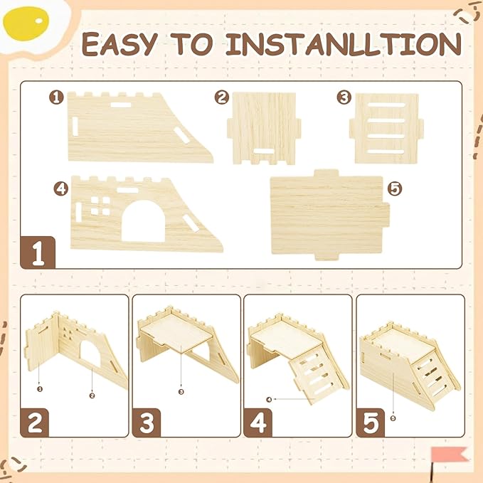 BreezeHug 4 Pcs Hamster Platform Hideout Wooden Tunnel Ladder Playhouse Hamster Game Climbing Toy with Platform Cage Accessories for Small Pets Dwarf Syrian Mice Degus Gerbils Squirrel(Castle)