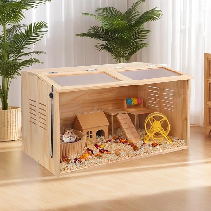 Wooden Hamster Cage,32" Lx16 Wx16 H,2 Washable Liner, Animal Cabinet for Dwarf Syrian Hamsters Degus, Hamster Habitat with Openable Top and Large Acrylic Sheets, Natural Wooden Hamster Habitat