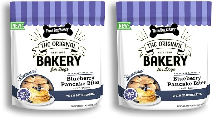 Three Dog Bakery Blueberry Pancake Bites,Treats with Real Blueberries & Vanilla,Mess-Free Snacks & Training Cookies for Dogs-& Puppies,Human-Inspired,(Pack of 2)