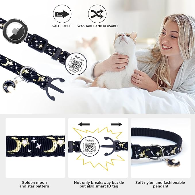Waterproof Airtag Cat Collar Breakaway, Moons and Stars Safety Breakaway Cat Collars with Apple Airtag Holder with Qr Code, Adjustable GPS Tracker boy Girl Kitten Collar (Black B)