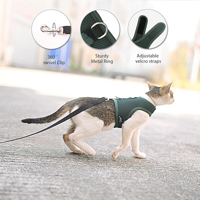 Cat Harness and Leash for Walking Escape Proof Breathable Mesh Fabric, Solid Green, Large, Adjustable Cat Walking Jackets, Padded Stylish Cat Vest