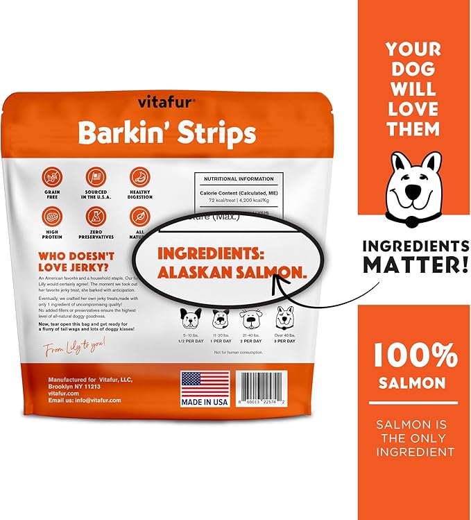 Barkin Burger Strips Made of Only Salmon Grain-Free Dog Treats 12 oz Pouch Premium One-Ingredient, All-Natural, Low-Fat, Lean Protein Jerky Treats for Dogs and Breeds