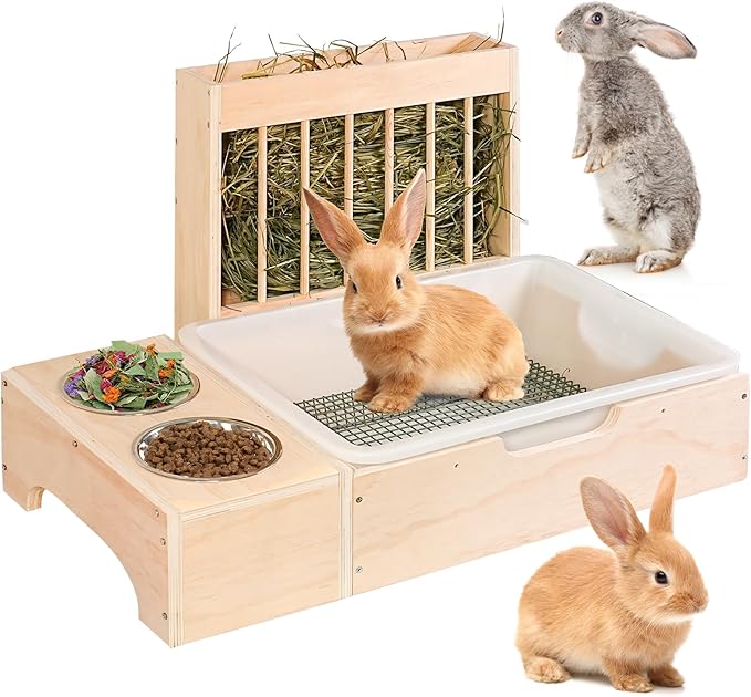 3 in 1 Extra Large Rabbit Hay Feeder with Litter Box, Wooden Bunny Toilet, for Large and Medium-Sized Dwarf Rabbit, Other Animals