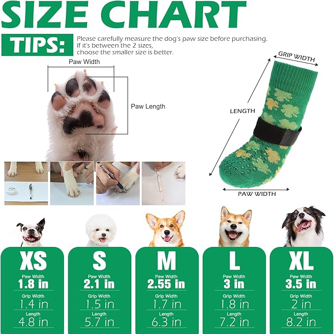EXPAWLORER Anti Slip Dog Socks to Prevent Licking Paws, Dog Shoes Booties for Small Medium Large Senior Dogs, Traction Control Boots & Paw Protectors for Hardwood Floors St. Patrick's Day Green M