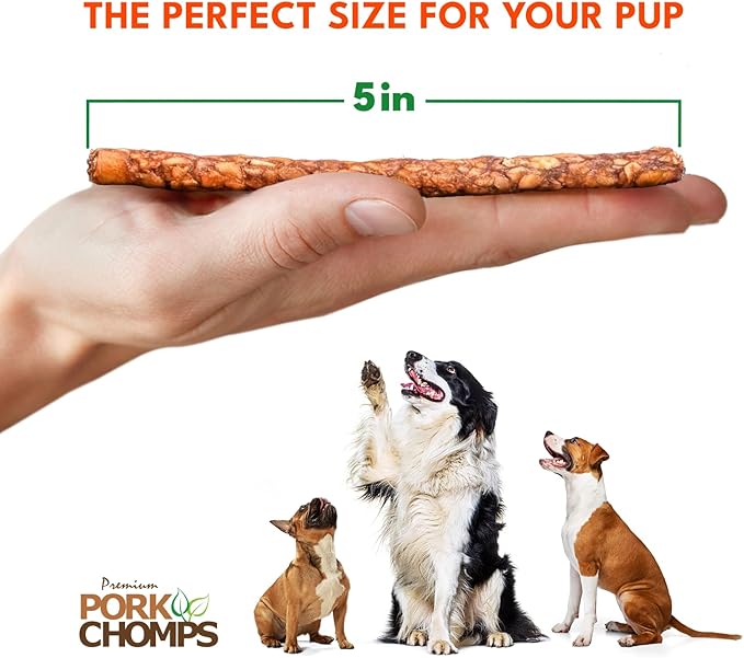 Pork Chomps Dog Chews, 5 Inch Munchy Sticks, 100 Count - Assorted Flavors: Roasted Pork, Chicken, & Bacon - Long-Lasting Treats for Dogs - High Protein, Low Fat, Healthy & Delicious Chews (1 Pack)