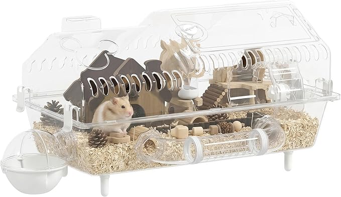 PawHut 8 in 1 PET Hamster Cage, Dwarf Hamster Cage with Large Wheel & Hideout, Small Animal Habitat with Accessories, Clear Pet House, 21.5" x 11.8" x 12.6"