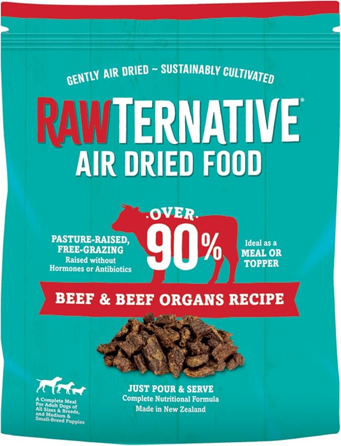 RawTernative Air Dried Dog Food, High Protein, Over 90% Real Beef & Beef Organs + New Zealand Green Mussels, Complete Meal or Topper, Grain Free, Gluten Free, Non GMO, (5 oz Bag)
